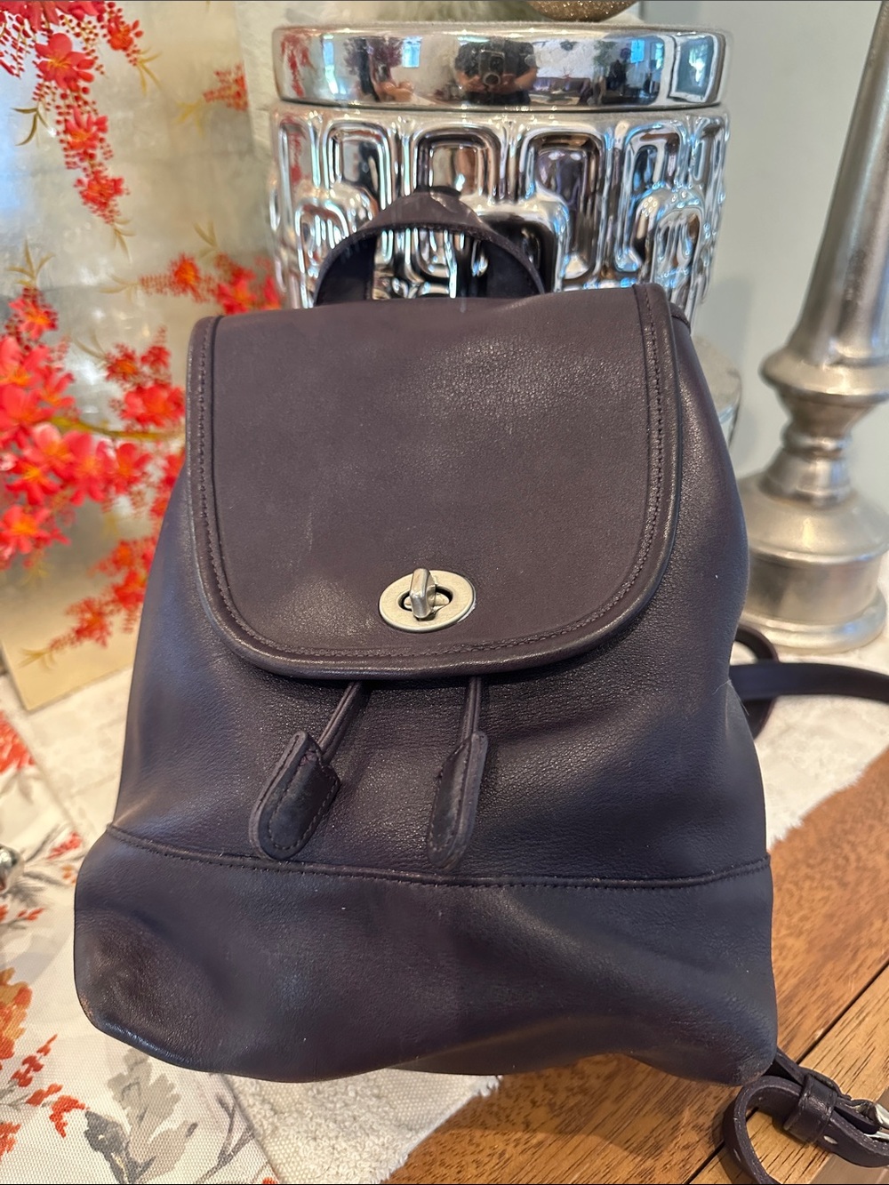 Coach Black Leather Turnlock Drawstring Backpack
